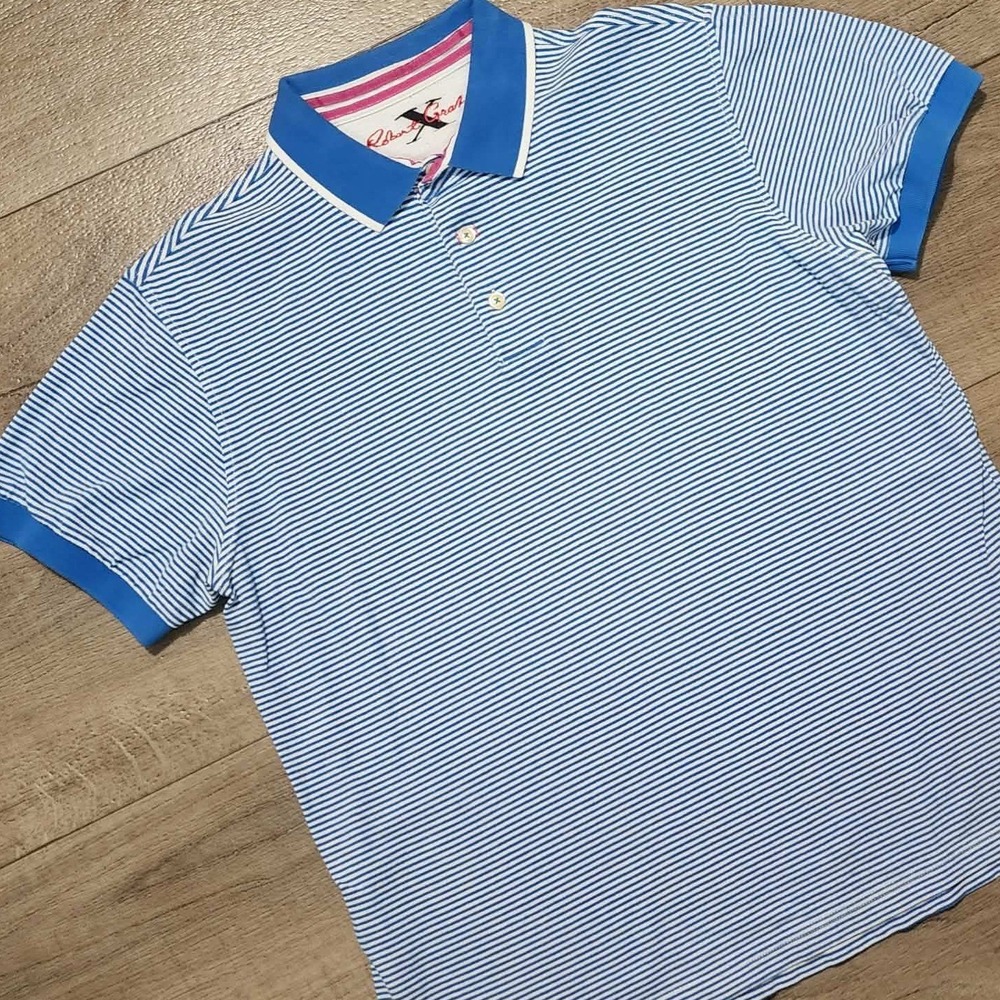 Robert Graham X Collection Mens Large Blue White Striped Short Sleeve Polo Shirt